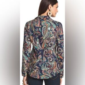 CHICO’S Sz 3.5 No Iron Effortless Beatrice Navy Colourful Paisley Buttoned Shirt
